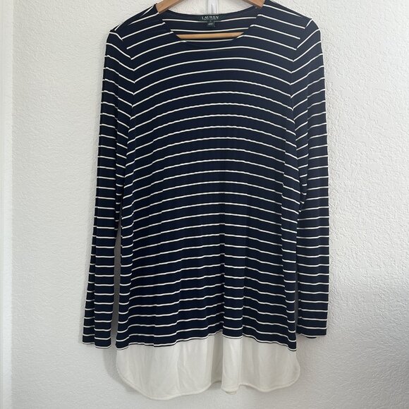 Lauren Ralph Lauren Shirt Womens 1X Striped Long Sleeve Layered Hem Top Blouse - Picture 1 of 9